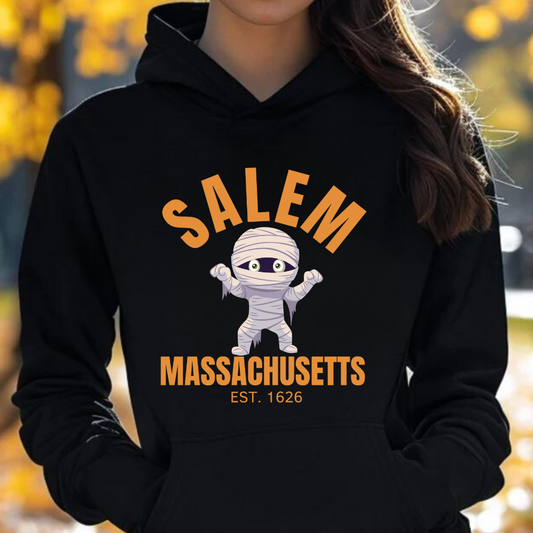 Salem Est. 1626 Pullover Hoodie, Halloween, Spooky Season, Cute Mummy