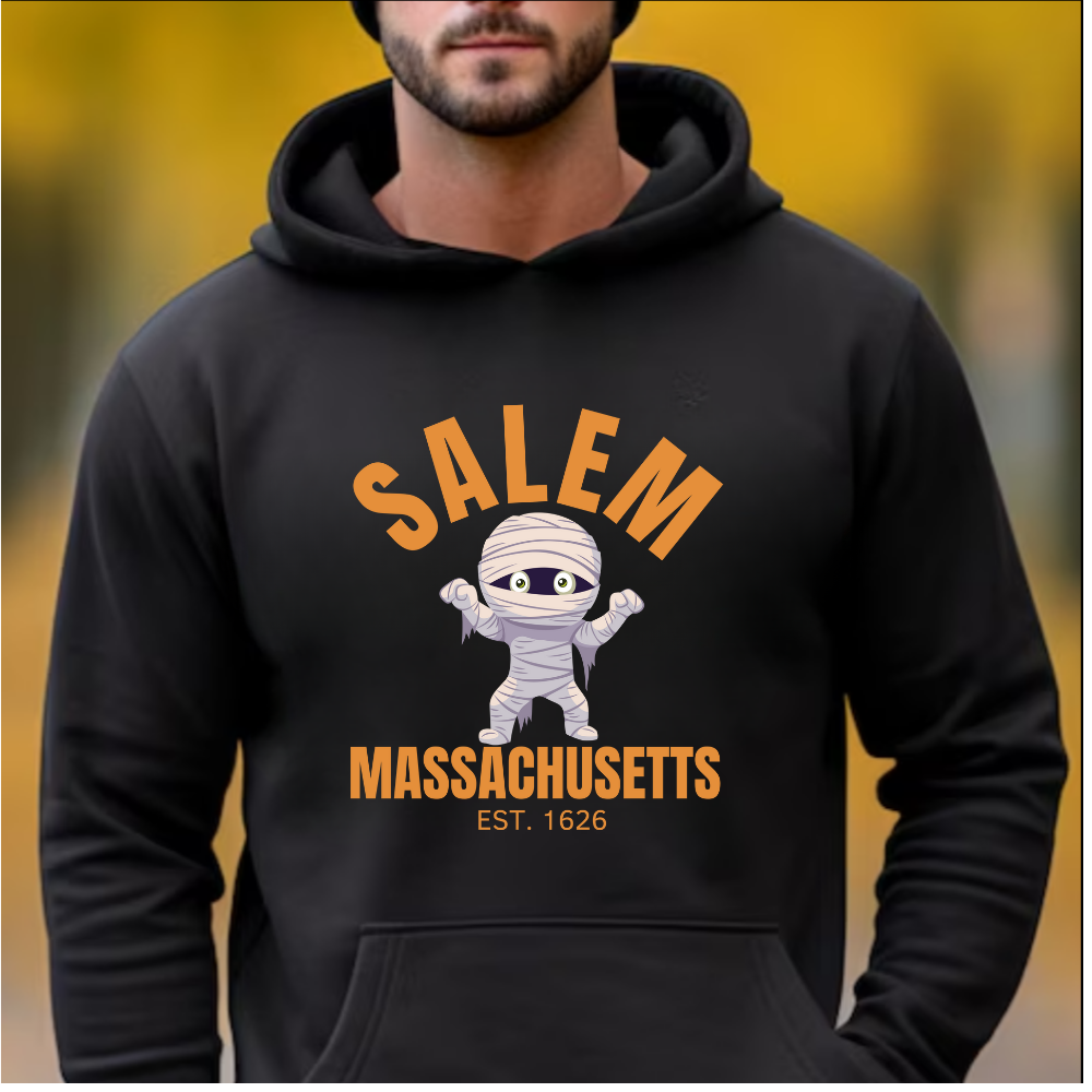 Salem Est. 1626 Pullover Hoodie, Halloween, Spooky Season, Cute Mummy