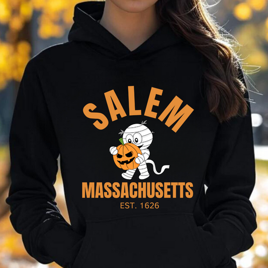 Salem Mass.  Pullover Hoodie, Halloween Season, Spooky Season, Cute Mummy, Pumpkin