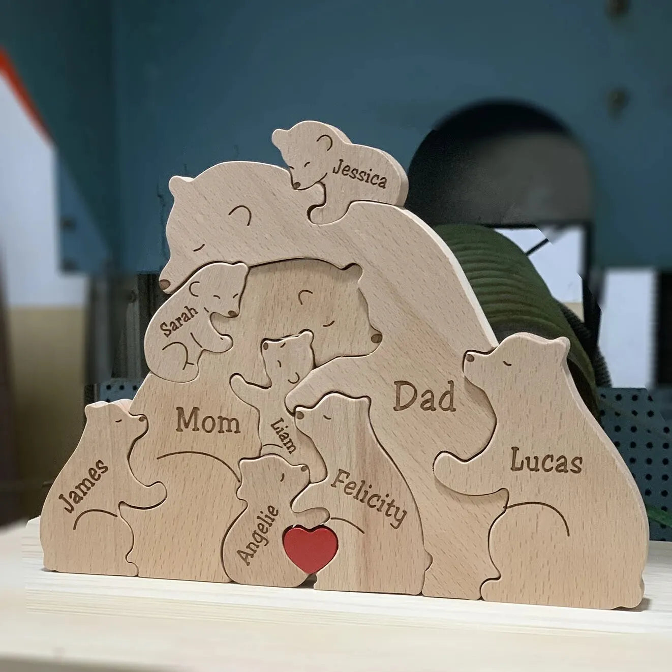 Animal Family Ornaments DIY Wood Carving Free Engraving Custom Name Figurines, Mother's Gift