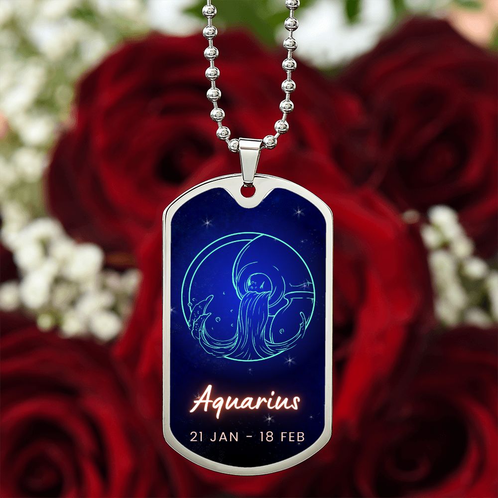 Aquarius Engraved Dog Tag Necklace