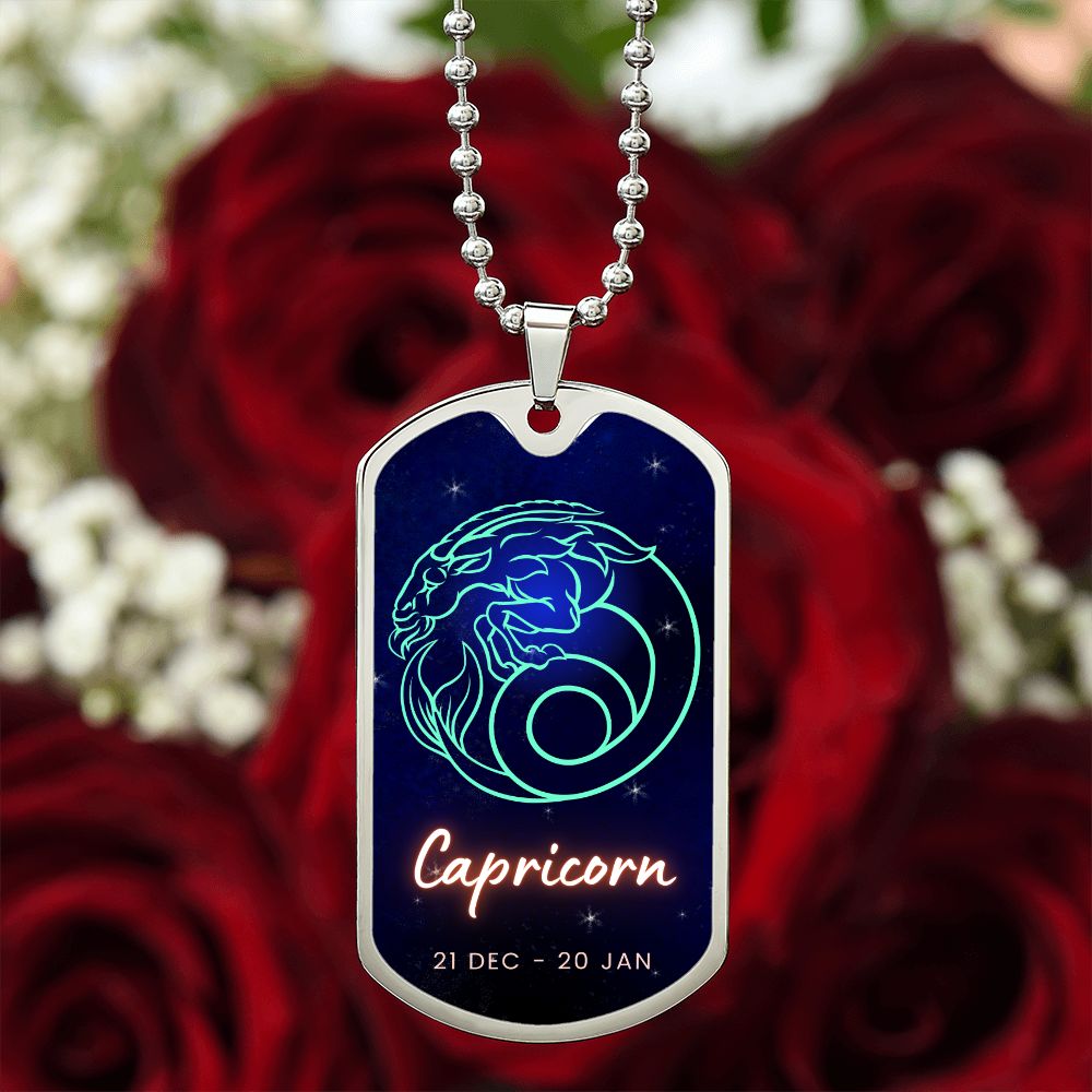 Capricorn Engraved Dog Tag Necklace