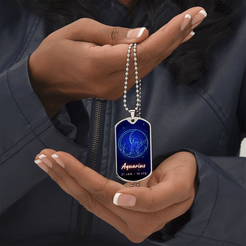 Aquarius Engraved Dog Tag Necklace