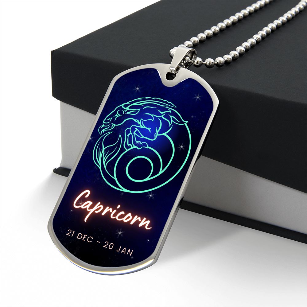 Capricorn Engraved Dog Tag Necklace