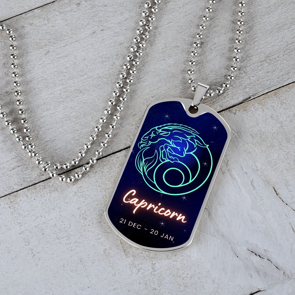 Capricorn Engraved Dog Tag Necklace