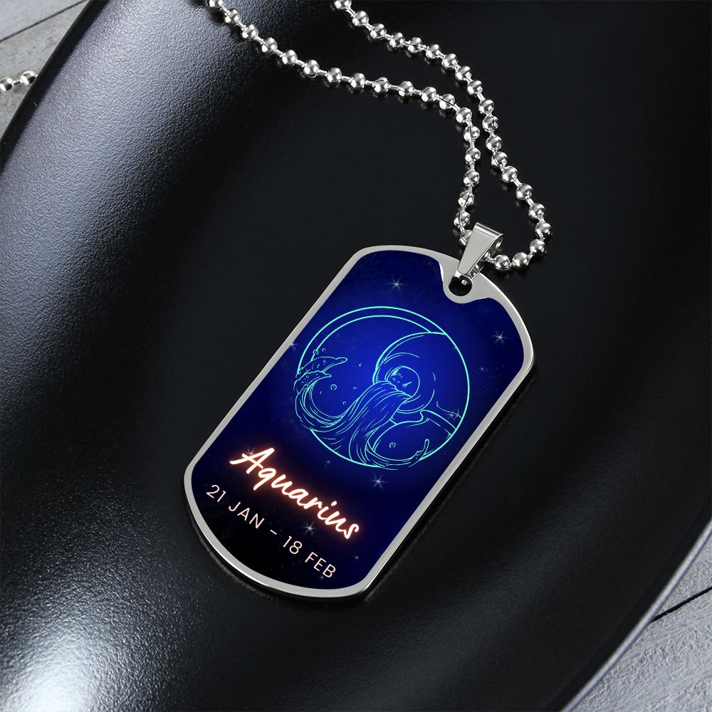 Aquarius Engraved Dog Tag Necklace