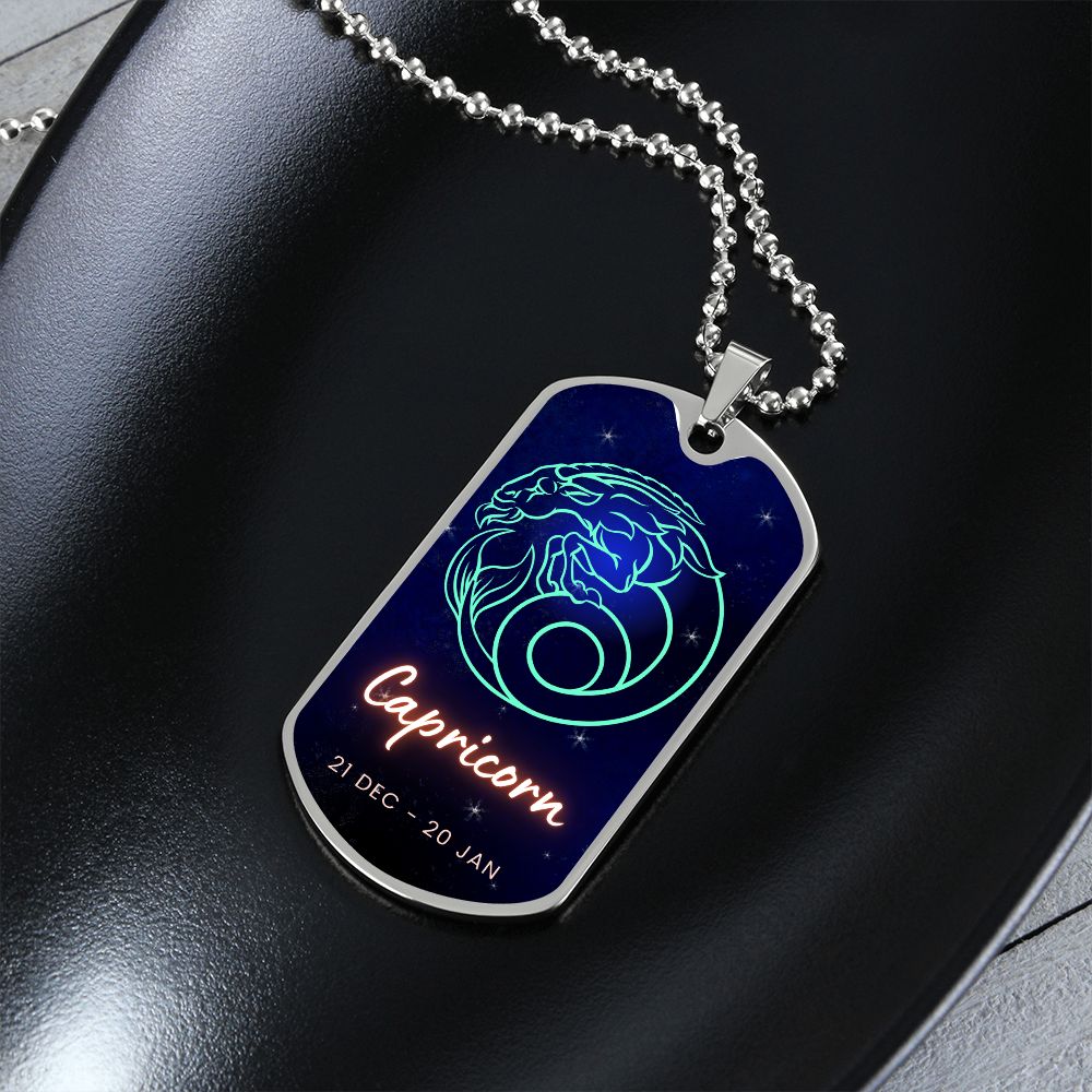 Capricorn Engraved Dog Tag Necklace