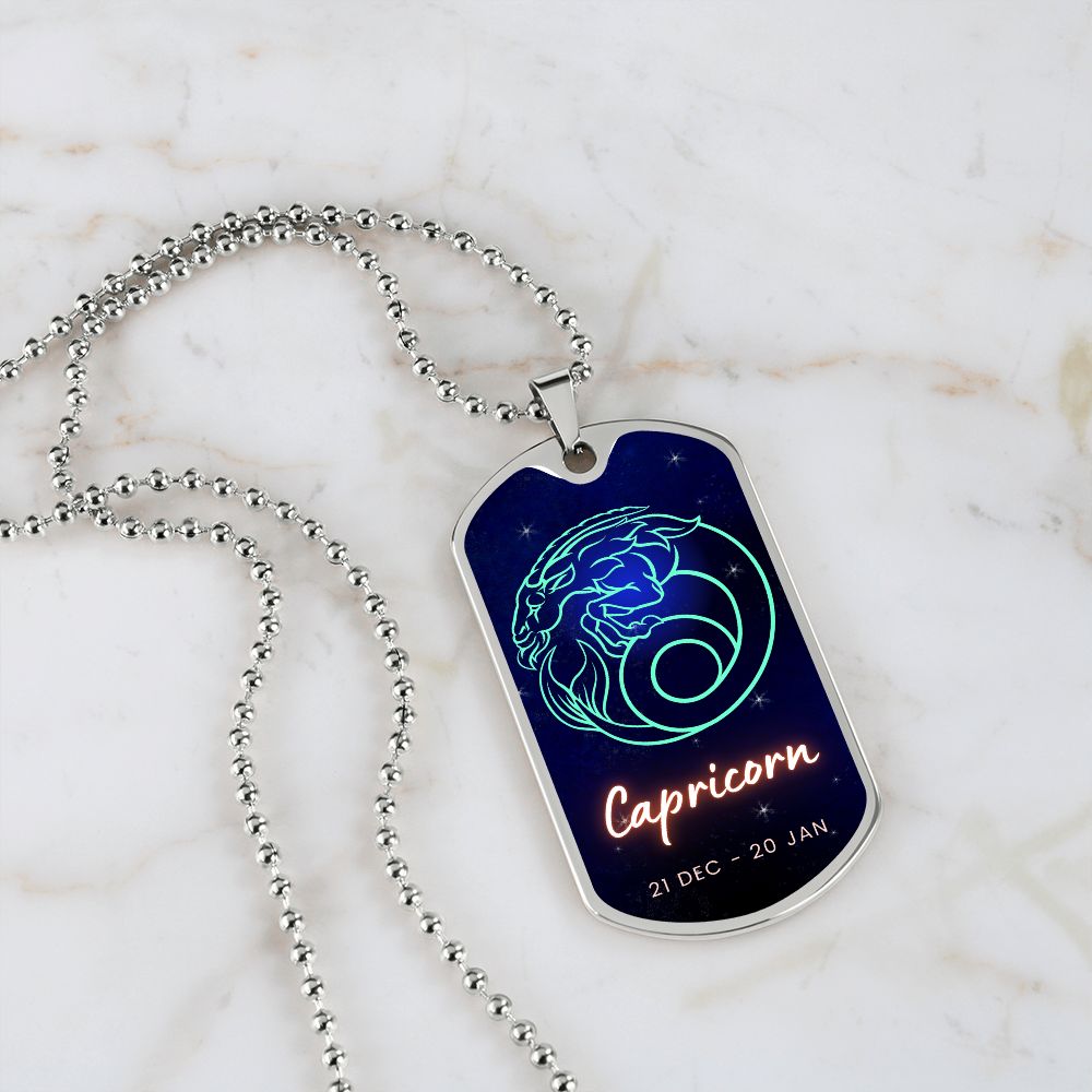 Capricorn Engraved Dog Tag Necklace