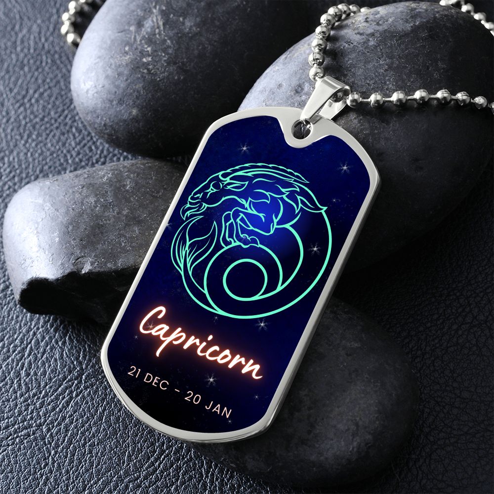 Capricorn Engraved Dog Tag Necklace