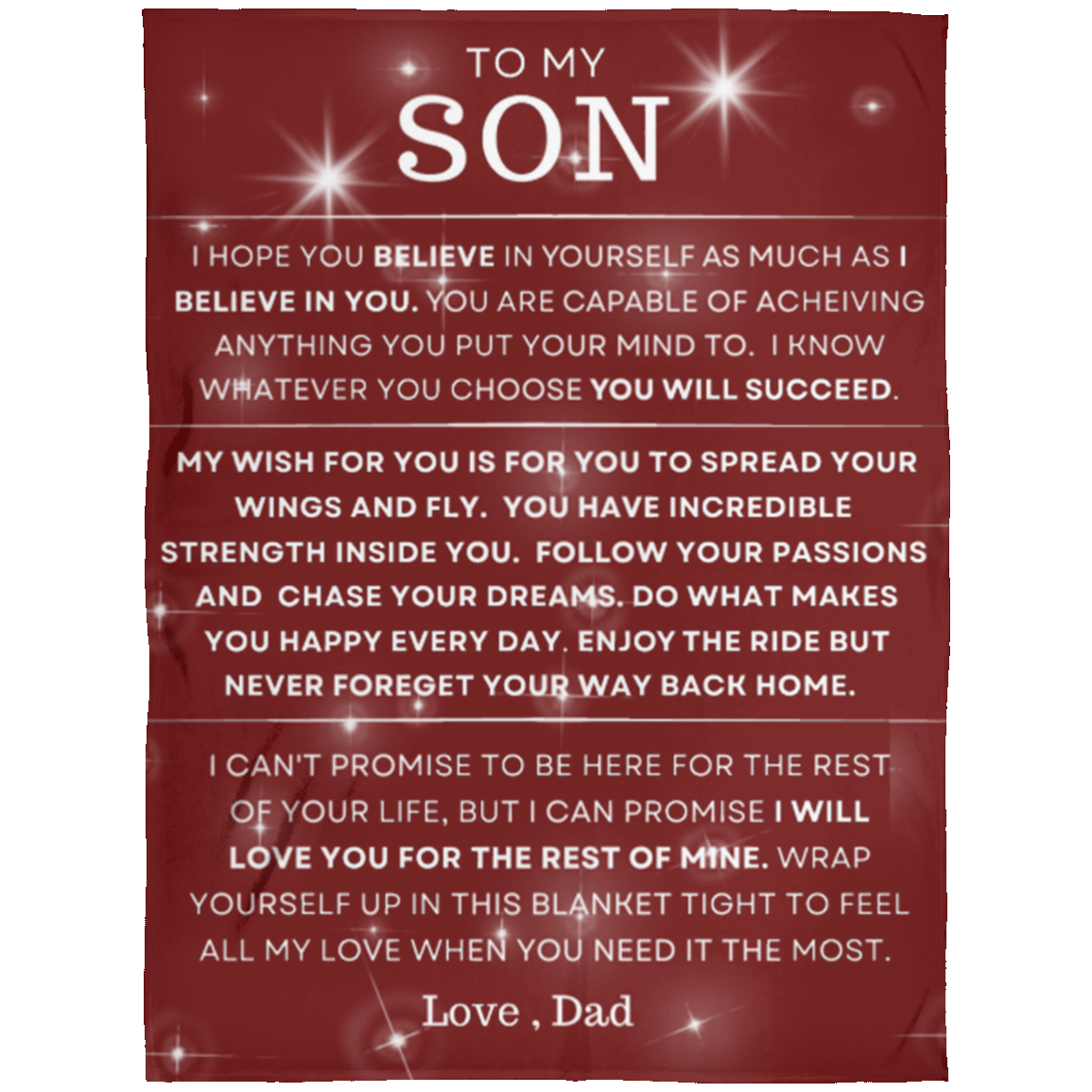 To My Son ~ Love Dad/ Believe /Arctic Fleece Blanket