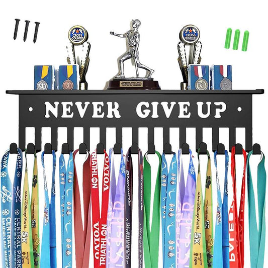 Never Give Up Black Sport Medals Hanger Award Display Hanger Holder Wall Rack Frame