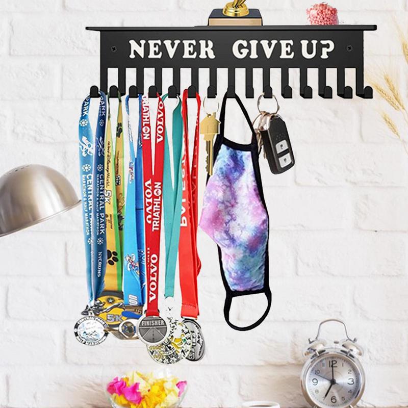 Never Give Up Black Sport Medals Hanger Award Display Hanger Holder Wall Rack Frame