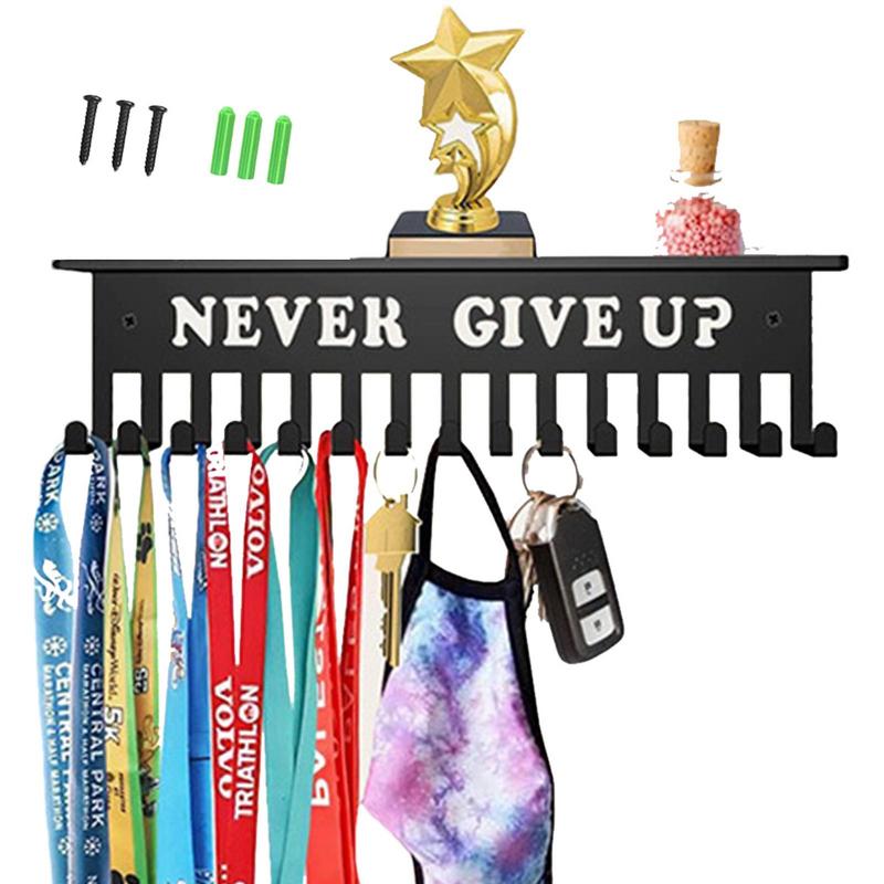 Never Give Up Black Sport Medals Hanger Award Display Hanger Holder Wall Rack Frame