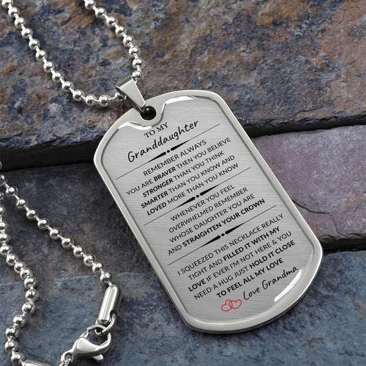 To My Granddaughter/Love Grama ~Dog Style Military Tag Necklace Keepsake