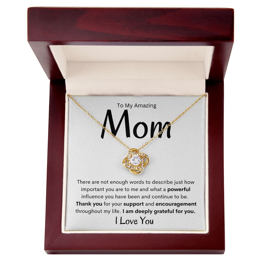 To My Amazing Mom ~Grateful For You, Stainless Steel Chain, Crystal, Love Knot Necklace